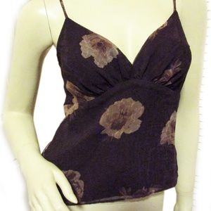 Y2K Vintage 90s Womens V-Neck Floral Top 6 P Made USA Spaghetti Cami Dark Brown